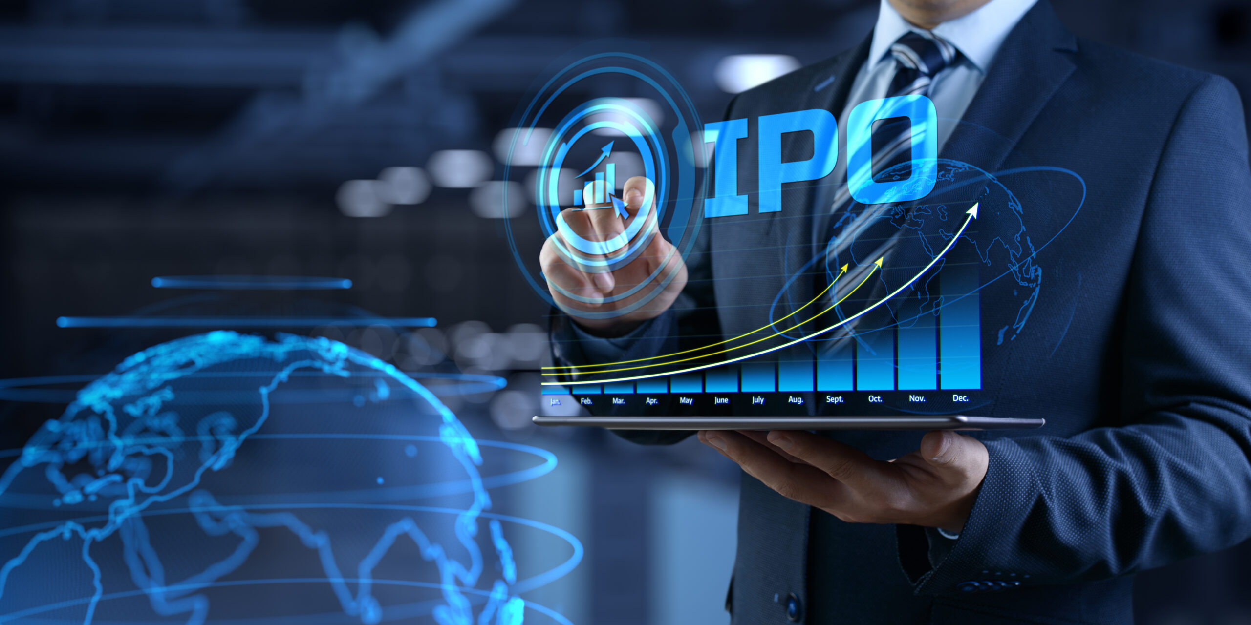 Photo showing man holding a digital IPO chart trending upwards.